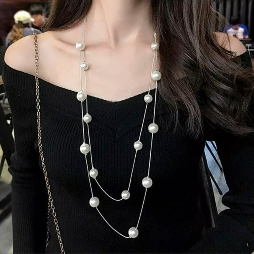 Silver Boho Double Layer Faux Pearl Necklace‎ 36in Plus 2in Extender